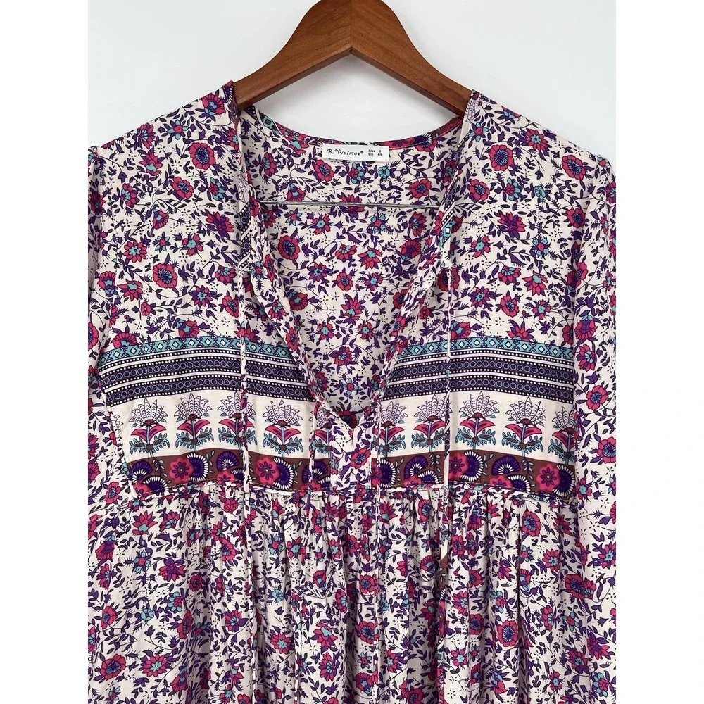 R Vivimos Women's Long Sleeve Floral Print Retro V N Eck Tassel Bohemian  Midi D